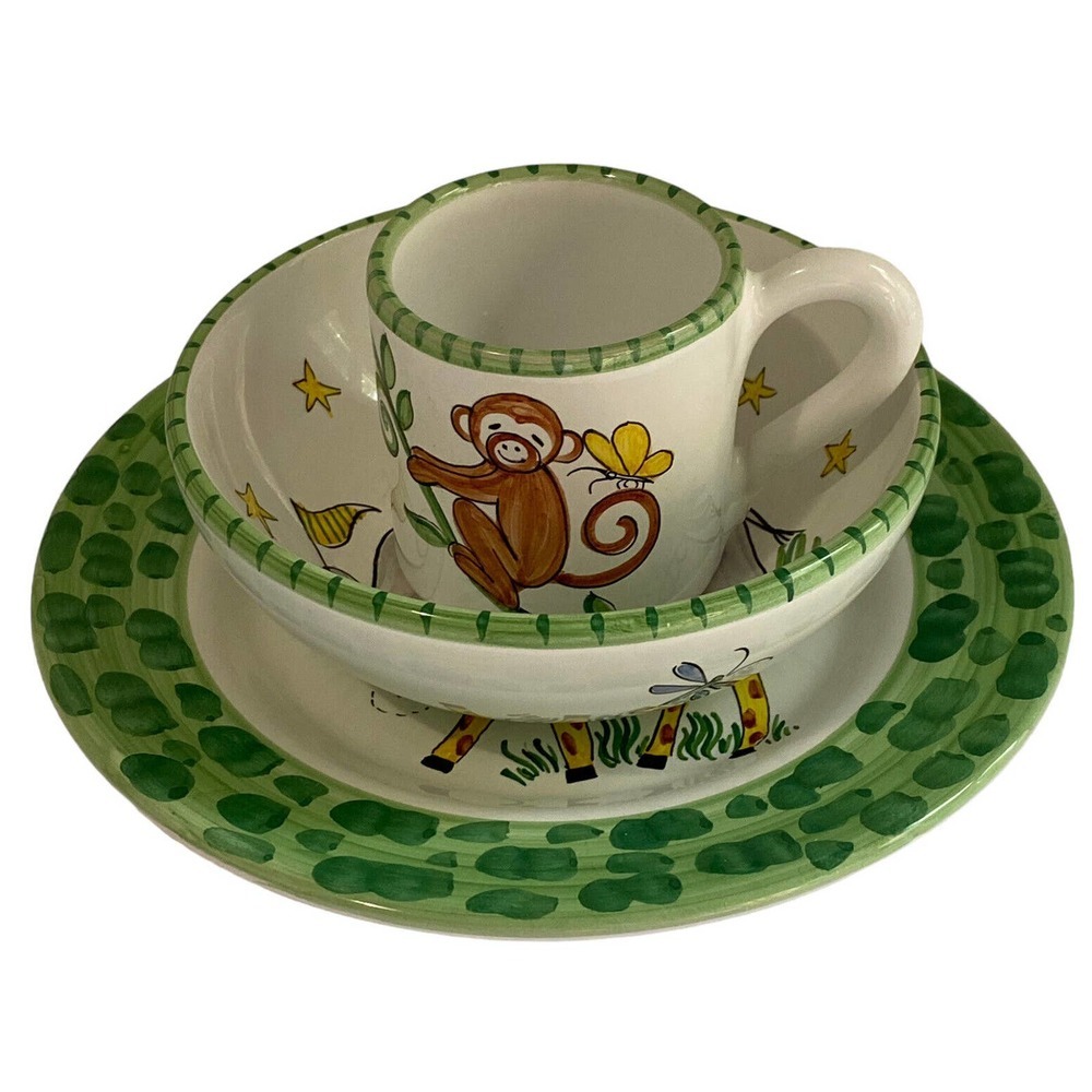 Present Tense Hand Painted in Italy Ceramic Child’s Plate Bowl & Cup Set NEW - Picture 2 of 11